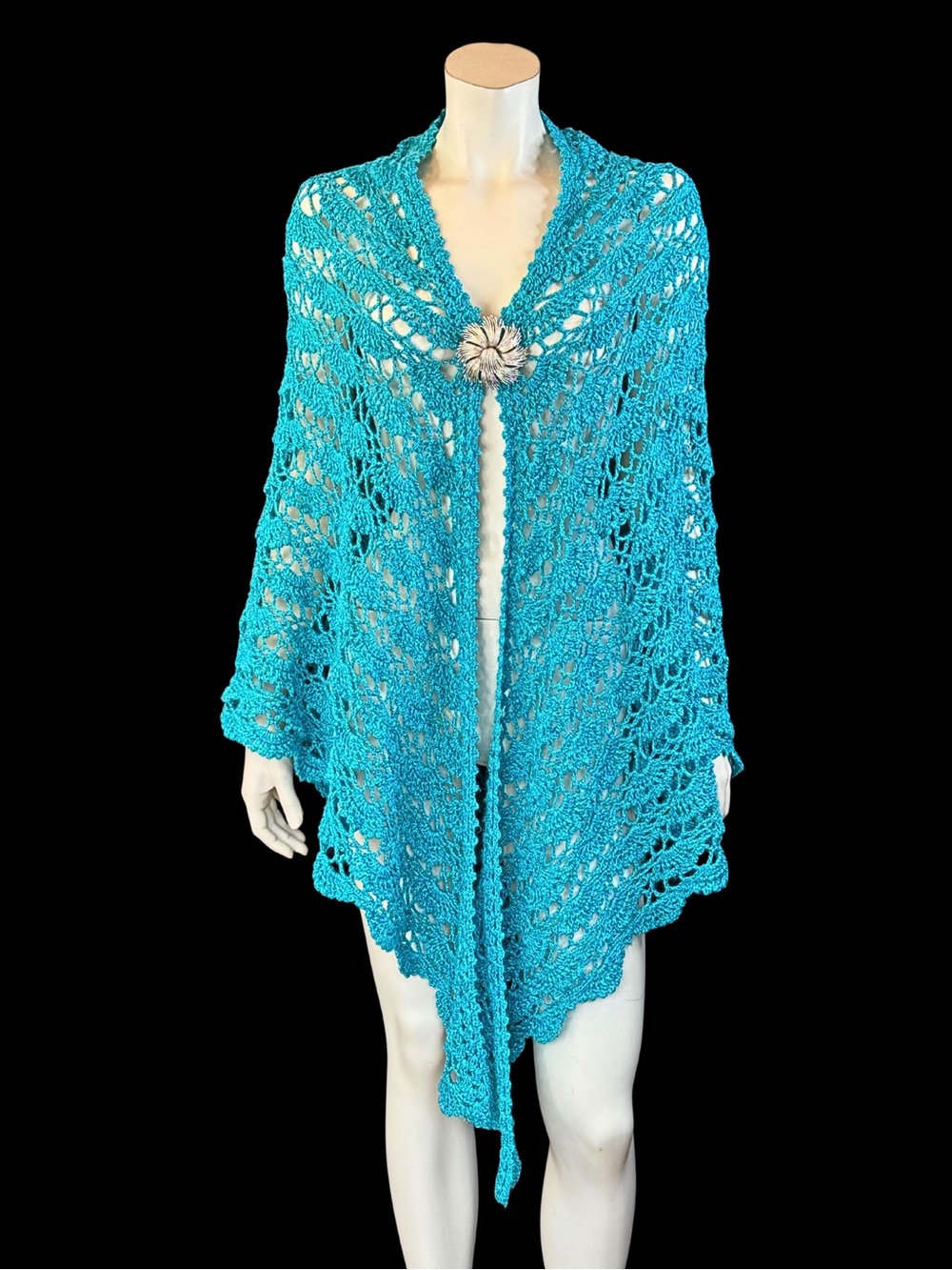 Vintage Hand-Crocheted Metallic TURQUOISE Triangle Festival Shawl | OSFM